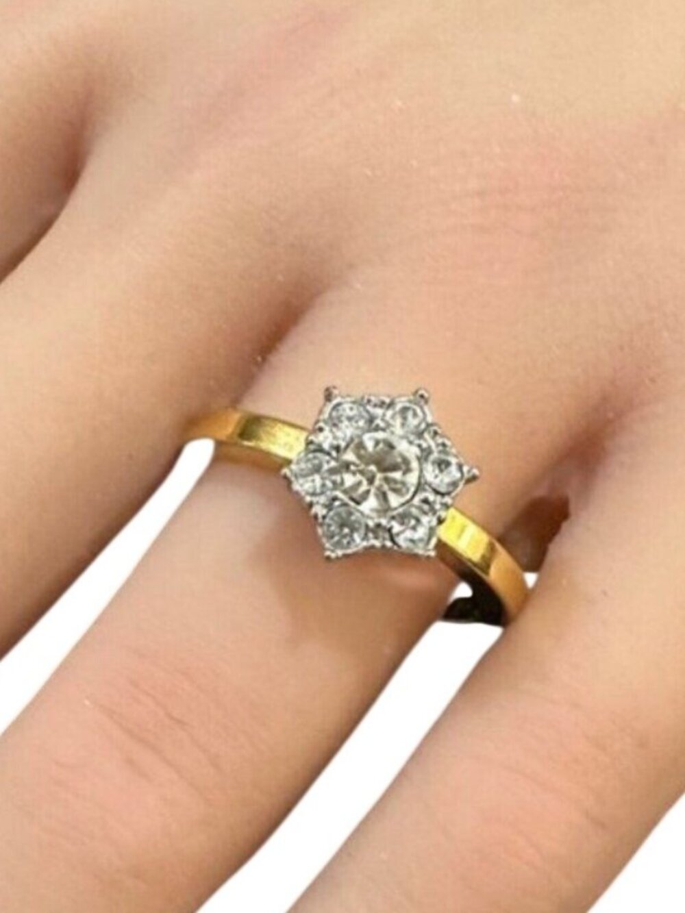 Vintage Ring Cluster Center Clear Stone Silver and Gold Tone Size 10